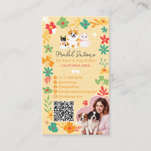 Whimsical florale schattige pop huisdier oppas hon visitekaartje (Voorkant)