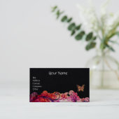 WHIMSICAL FLOURISHES Red Pink Floral Black Paper Visitekaartje (Staand voorkant)