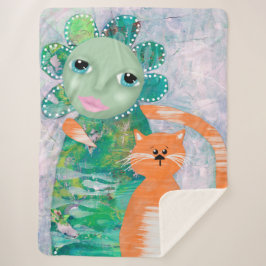 Whimsical Flower and Cat Sherpa Deken