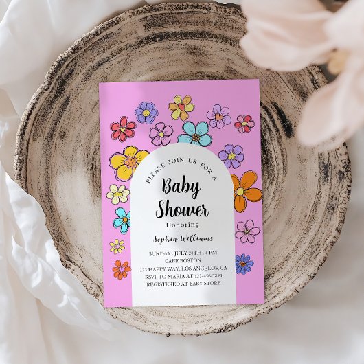 Whimsical Flower Baby shower – Peach & Pastel Kaart