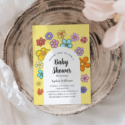Whimsical Flower Baby shower – Peach & Pastel Kaart