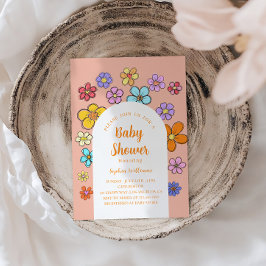 Whimsical Flower Baby shower – Peach & Pastel Kaart