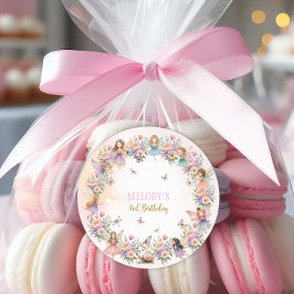 Whimsical flower fairy garden 3rd birthday  ronde sticker