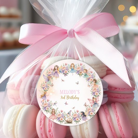 Whimsical flower fairy garden 3rd birthday  ronde sticker