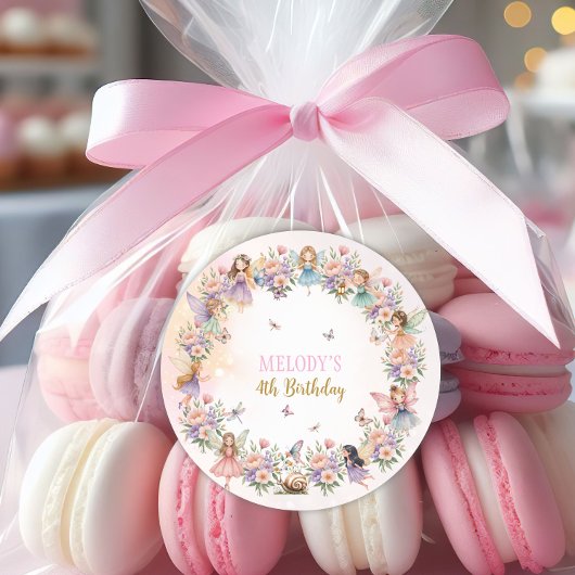 Whimsical flower fairy garden 4th birthday  ronde sticker