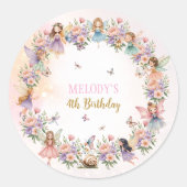 Whimsical flower fairy garden 4th birthday  ronde sticker (Voorkant)