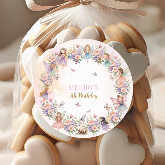 Whimsical flower fairy garden 5th birthday  ronde sticker