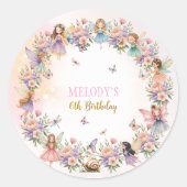 Whimsical flower fairy garden 6th birthday ronde sticker (Voorkant)