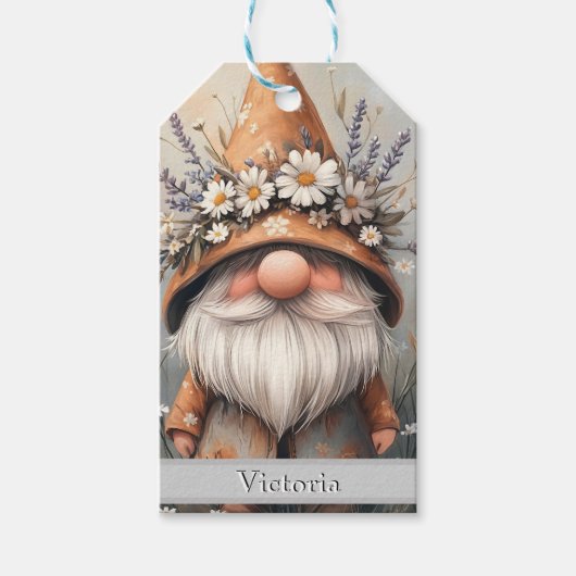 Whimsical Flower Gnome: Schattige Waterverf kunst Cadeaulabel (Voorkant)