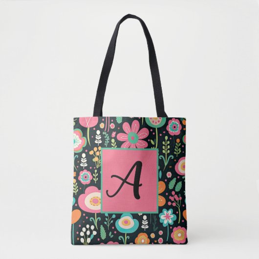 Whimsical Flower Patch op zwarte Canvas tas (Voorkant)