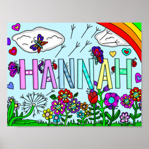 Whimsical Flowers and Girl's Name Hannah Wall Art Poster