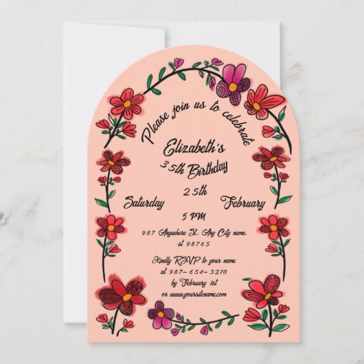 Whimsical Flowers Arch Border 35e verjaardagsfeest Kaart (Voorkant)