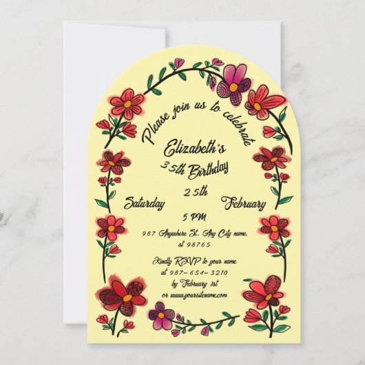 Whimsical Flowers Arch Border 35e verjaardagsfeest Kaart (Voorkant)