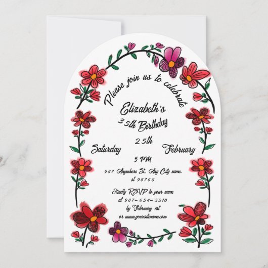 Whimsical Flowers Arch Border 35e verjaardagsfeest Kaart (Voorkant)