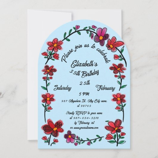 Whimsical Flowers Arch Border 35e verjaardagsfeest Kaart (Voorkant)