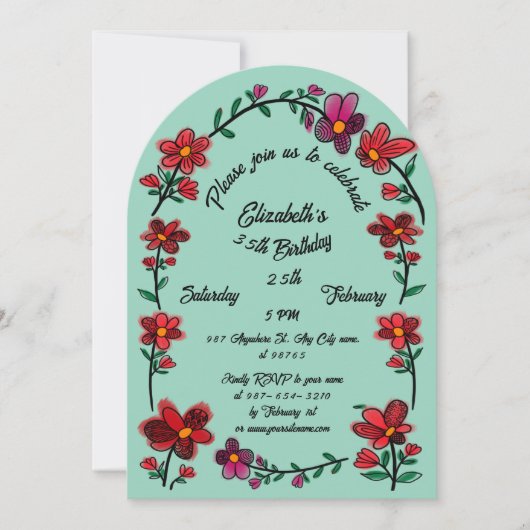 Whimsical Flowers Arch Border 35e verjaardagsfeest Kaart (Voorkant)