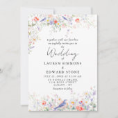 Whimsical Flowers & Blue Birds Watercolor Wedding Kaart (Voorkant)