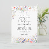 Whimsical Flowers & Blue Birds Watercolor Wedding Kaart (Staand voorkant)