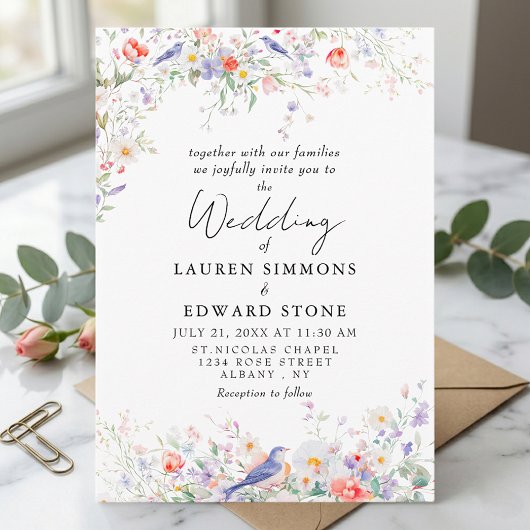 Whimsical Flowers & Blue Birds Watercolor Wedding Kaart