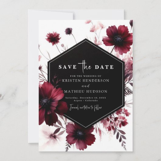 Whimsical Flowers Bourgogne bruiloft Save The Date (Voorkant)