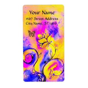 WHIMSICAL FLOWERS & BUTTERFLES blue roze yellow Etiket