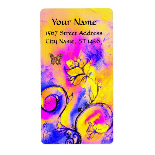 WHIMSICAL FLOWERS & BUTTERFLES blue roze yellow Etiket (Voorkant)