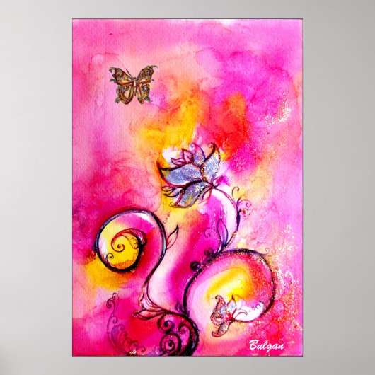 WHIMSICAL FLOWERS & BUTTERFLIES roze geel blauw Poster (Voorkant)