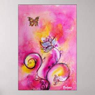 WHIMSICAL FLOWERS & BUTTERFLIES roze geel blauw Poster