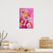WHIMSICAL FLOWERS & BUTTERFLIES roze geel blauw Poster (Keuken)