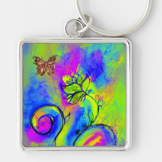 WHIMSICAL FLOWERS & BUTTERFLIES roze geel blauw Sleutelhanger (Voorkant)