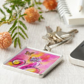 WHIMSICAL FLOWERS & BUTTERFLIES roze geel blauw Sleutelhanger (Zijkant)