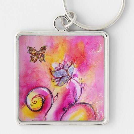 WHIMSICAL FLOWERS & BUTTERFLIES roze geel blauw Sleutelhanger (Voorkant)