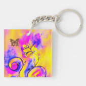 WHIMSICAL FLOWERS & BUTTERFLIES roze geel blauw Sleutelhanger (Achterkant)