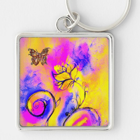 WHIMSICAL FLOWERS & BUTTERFLIES roze geel blauw Sleutelhanger (Voorkant)