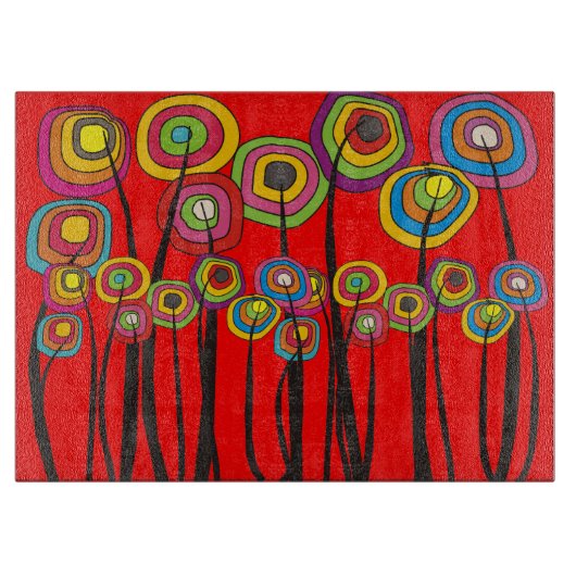 Whimsical Flowers Cutting Board RED Snijplank (Voorkant)