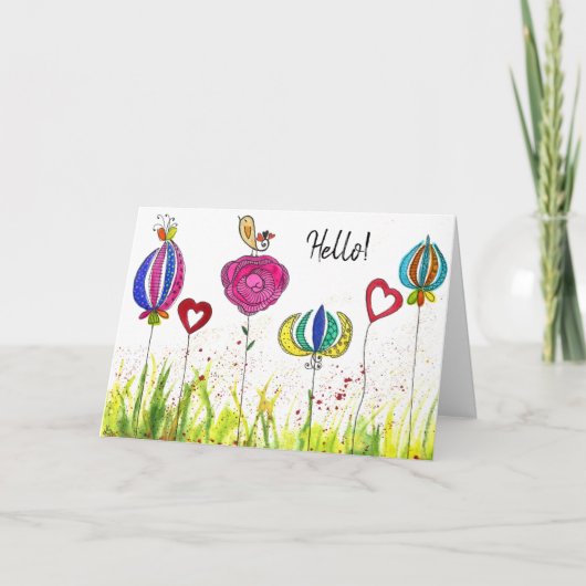 Whimsical Flowers en een Bird Wenskaart Kaart (Voorkant)