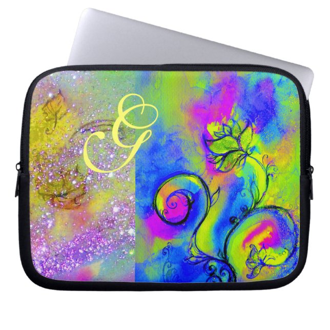 WHIMSICAL FLOWERS green yellow fuchsia, blauw Laptop Sleeve (Voorkant)