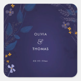 Whimsical Flowers Illustration Navy Garden Wedding Vierkante Sticker