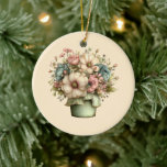 Whimsical Flowers in a Planter Pot Cute Keramisch Ornament<br><div class="desc">An ornament with a cute image. Blue. pink and cream colored flowers with green leaves. Set inside a green flower pot with a green plaid cloth hanging over the side.</div>