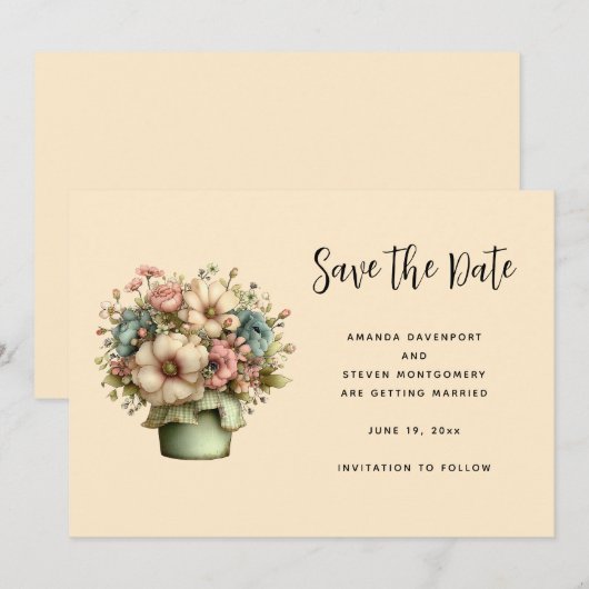Whimsical Flowers in a Planter Pot Save The Date (Voorkant / Achterkant)