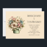 Whimsical Flowers in a Planter Pot Wedding Kaart<br><div class="desc">A wedding invitation with a cute image. Blue. pink and cream colored flowers with green leaves. Set inside a green flower pot with a green plaid cloth hanging over the side.</div>