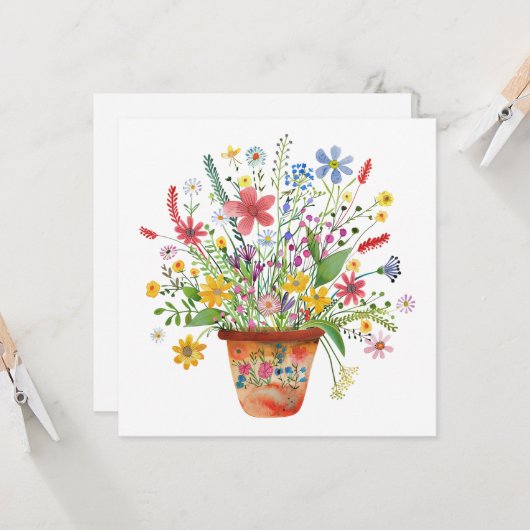 Whimsical Flowers in Pot Cheer Thinking of You Kaart (Voorkant / Achterkant in situ)