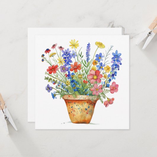 Whimsical Flowers in Pot Thinking of You Cheerup Kaart (Voorkant / Achterkant in situ)