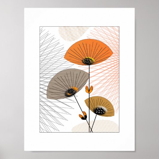 Whimsical Flowers Oranje Black Afbeelding Poster (Voorkant)