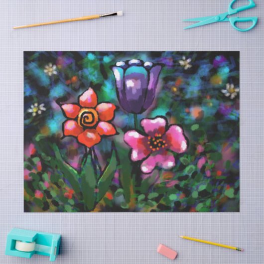 Whimsical Flowers Paarse Blauw Roze Decoupage Tissuepapier (Craft)