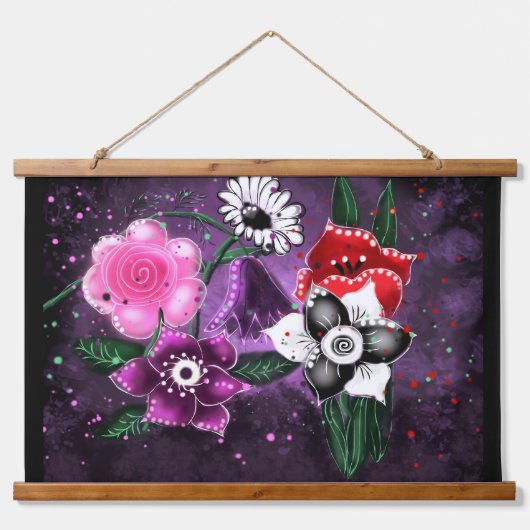 Whimsical Flowers Paarse Bloemen Zwart Wit Roze Hangend Wandkleed (Voorkant)