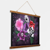 Whimsical Flowers Paarse Bloemen Zwart Wit Roze Hangend Wandkleed (Gebogen)