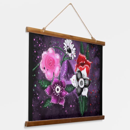 Whimsical Flowers Paarse Bloemen Zwart Wit Roze Hangend Wandkleed (Gebogen)