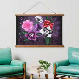 Whimsical Flowers Paarse Bloemen Zwart Wit Roze Hangend Wandkleed