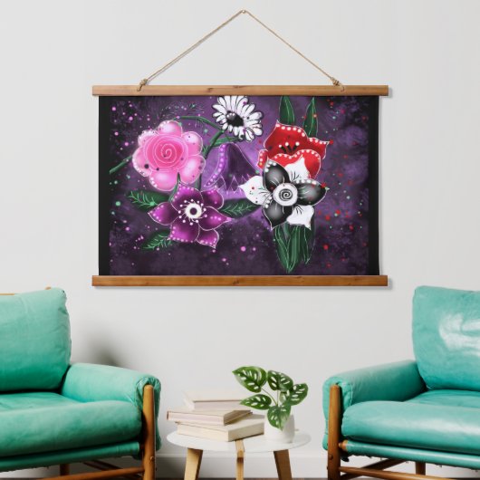 Whimsical Flowers Paarse Bloemen Zwart Wit Roze Hangend Wandkleed (Woonkamer)